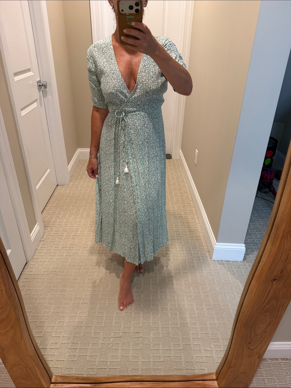 Faithfull the Brand Sage Green Floral Wrap Midi Dress